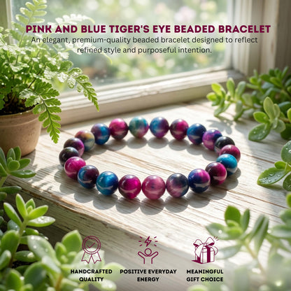 Cherry Tree Collection Pink and Blue Tiger's Eye Beaded Bracelet – Genuine 8mm Gemstone Stretch Bracelet for Men & Women – Handmade Crystal Bracelet - (Pink and Blue Tiger's Eye - S)