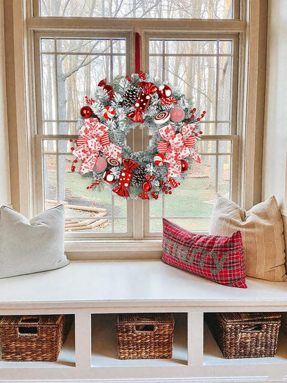 24" Artificial Christmas Wreath with Red Candy Accents, Double Ribbon Bows, Pine Cones & Ornaments, White Cedar Base for Christmas Thanksgiving Winter Holiday Front Door and Wall Decoration