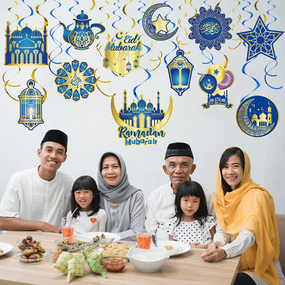 Zonon 30 Pieces Eid Ramadan Mubarak Decorations for Home Hanging Swirl Streams Ceiling Decor Star Moon Lantern Shining Foil Decor for Eid Al-fitr Party Egyptian Supplies