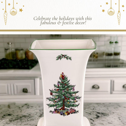 Spode Christmas Tree Square Vase, 8-Inch Festive Vase for Flowers & Holiday Decor - Fine Earthenware Centerpiece for Christmas Table, Mantle, Seasonal Floral Arrangements, Dishwasher Safe