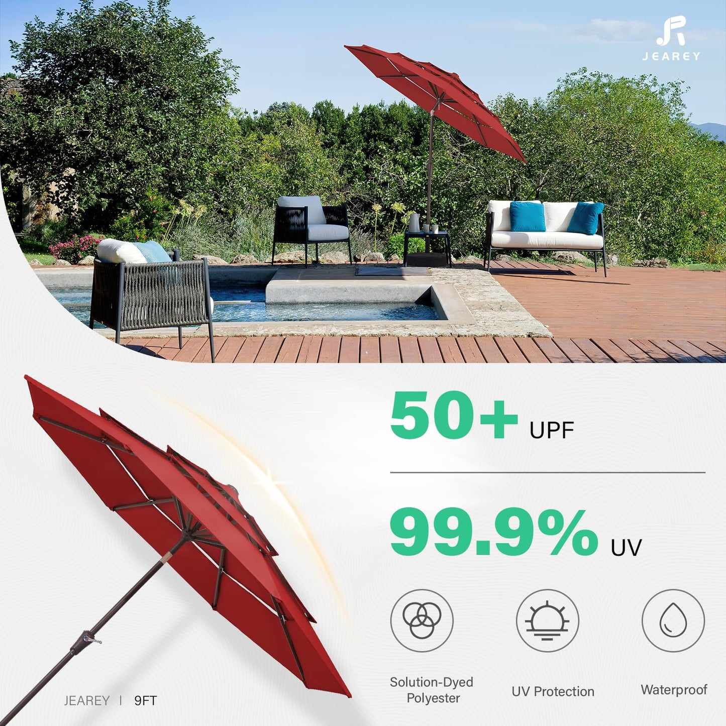 JEAREY 9FT 3 Tier Patio Umbrella Outdoor Market Umbrella Table Umbrellas with 8 Ribs 1.5 Pole Push Button Tilt and Crank UV Protection for Garden,Red