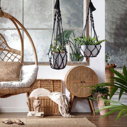 Artilady Black Plant Hanger Macrame Hanging Planter for Indoor Boho Plants Holder with Hooks Hanging Plant Basket Outdoor Window Wall Plants Home Decor (Black Macrame-2pcs)