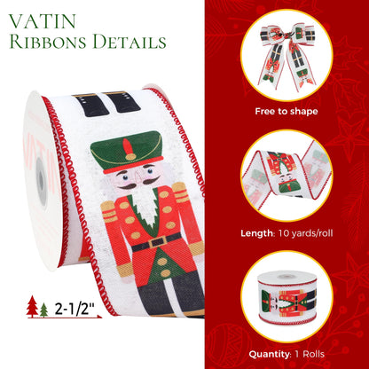 VATIN Christmas Linen Ribbon with Nutcracker Printed, 2-1/2-Inch x 10 Yards Thick Ribbon for Tree Decorations, Gift Wrapping, Bows, Holiday Crafts