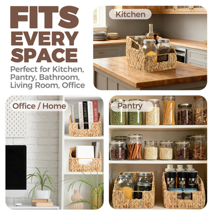 2-Pack Wicker Basket Set - Water Hyacinth Pantry Organizers and Storage w/Handles, For Home, Bedroom, Kitchen, & More - 100% Earth Friendly Woven Rattan, Simple Open Shape Decorative Baskets