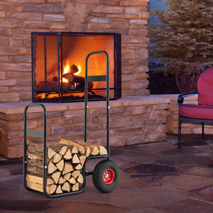 Goplus Firewood Cart with Wheels, Outdoor Indoor Rolling Fire Wood Log Cart with Pneumatic Rubber Tiers, 220 LBS Load Capacity Heavy Duty Steel Wood Storage Hauler, Log Holder Rack for Fireplace