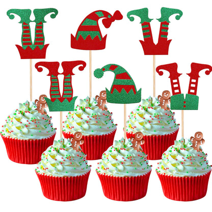 Rsstarxi 24 Pack Christmas Elf Cupcake Toppers Glitter Merry Santa Hat Elf Legs Cupcake Picks for Merry Christmas Theme New Year Holiday Baby Shower Kids Birthday Party Cake Decorations