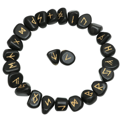 Crocon Black Obsidian Rune Stones Set Engraved with Elder futhark Crystal Runes Set, Reiki Healing runas for Meditation Chakra Balancing, Rune Stone for Beginners with Crystal Guide & Pouch |15-20 mm