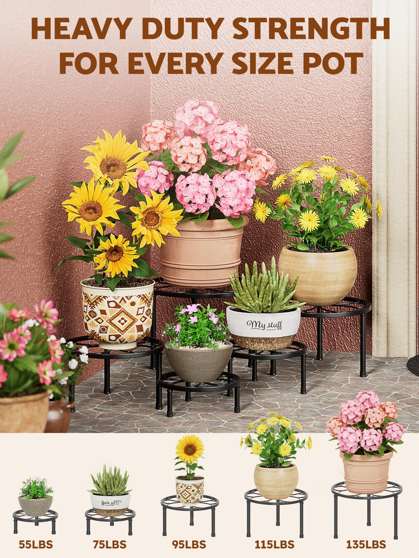 NQW 5 Pack Metal Plant Stands,Heavy Duty Potted Holder for Flower Pot,Indoor Outdoor Metal Rustproof Iron Garden Container Round Supports Flower Rack for Planter(BlackFlower)