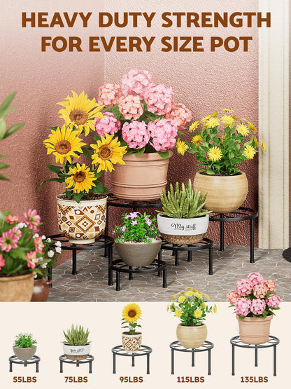 NQW 5 Pack Metal Plant Stands,Heavy Duty Potted Holder for Flower Pot,Indoor Outdoor Metal Rustproof Iron Garden Container Round Supports Flower Rack for Planter(BlackFlower)