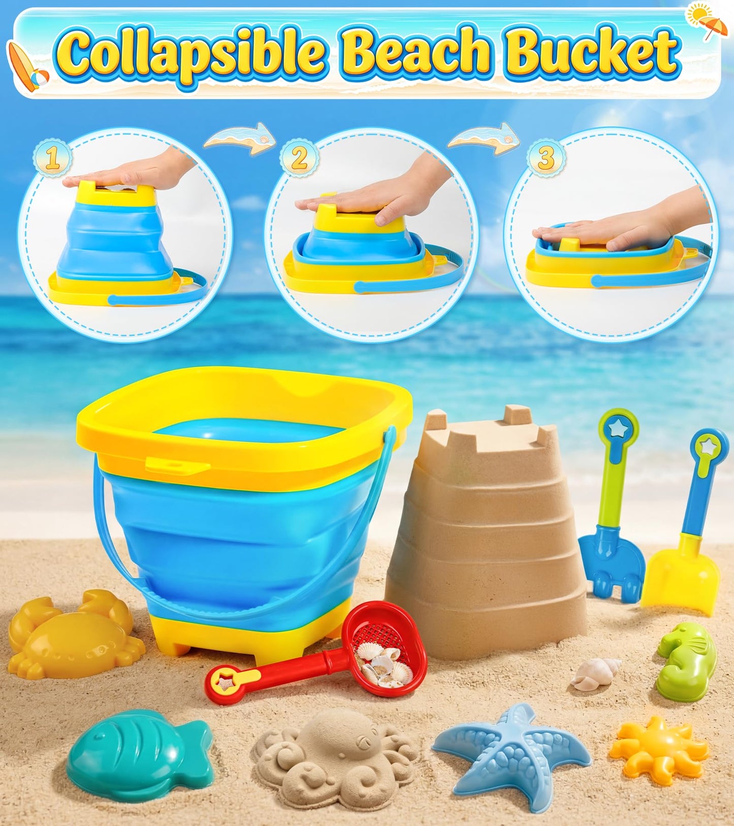 Collapsible Beach Sand Toys for Kids Toddlers, Collapsible Sand Bucket with Water Wheel Sifter Shovels Set with Mesh Bag and Sand Molds, Travel Beach Sandbox Toys for Boys Girls 3 4 5 6 7 8 9 10+
