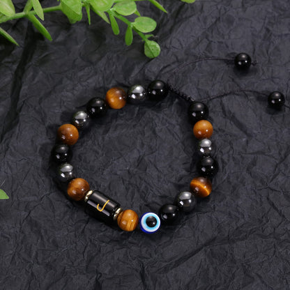 Initial Triple Protection Bracelet for Men,Black Evil Eye Tiger Eye Hematite Obsidian Good Luck Healing Crystal Stones Mens Bead Bracelet Jewelry Gift (J initial bracelet, Triple Protection)