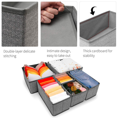 Criusia Foldable Underwear Drawer Organizer, Closet Dividers, Storage Box for Clothes, Socks (6 Bins, Gray)