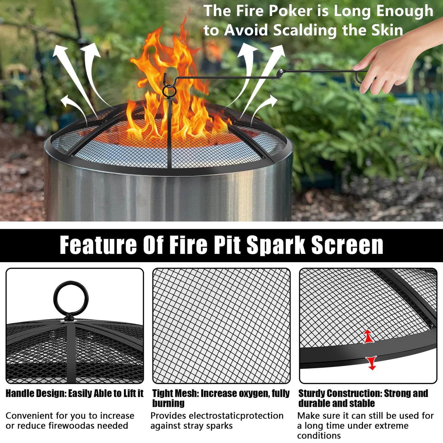 Fire Pit Spark Screen, Fire Pit Screen 40 Inch Round with Handle & Poker, Collapsible Heavy Duty Mesh Fire Pit Cover Fire Pit Lid for Outdoor/Patio/Backyard/RV Camping/Beach