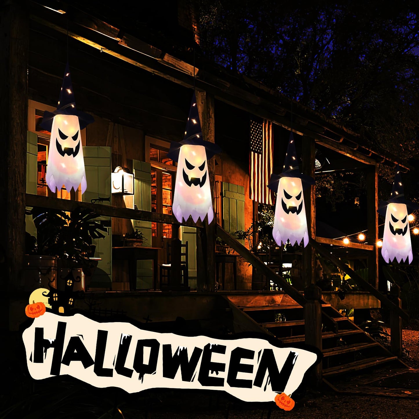 Halloween Decorations Glowing Ghost Witch Hat Halloween String Lights - Indoor/Outdoor Hanging Decor for Home, Garden & Tree (4Pcs)