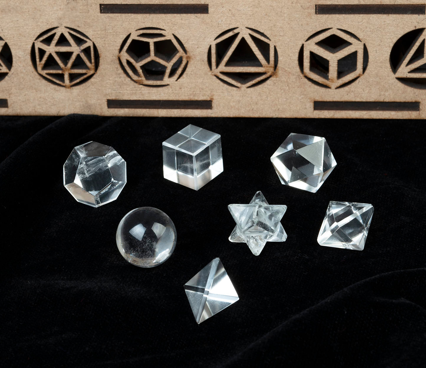 Crocon Clear Quartz 7 Pcs Platonic Solid Sacred Stones Geometry Set for Reiki Healing Chakra Stone Balancing Crystal Cleansing Spiritual Money Good Luck Decor Size: 15-20 mm