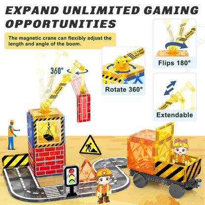 Coodoo Kids Games Magnetic Tiles Road Set with Extendable Magnetic Crane, City Construction Building Toys for Toddlers STEM Preschool Ages 4-6 5-7, Gifts for 3+ Year Old Boys Girls Kids Toys with Car