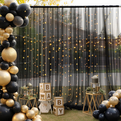 10×10ft Black Tulle Backdrop Curtain with Lights String for Parites, Sheer Photo Backdrop Curtains for Wedding Party Photography Background