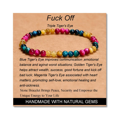 MASSIVE BEADS Triple Tiger's Eye - Fuck Off Handmade Handmade Yoga Stretch Elastic Bracelet Natural Stone Crystal Healing Power Energy Gifts for Unisex Adult 4mm