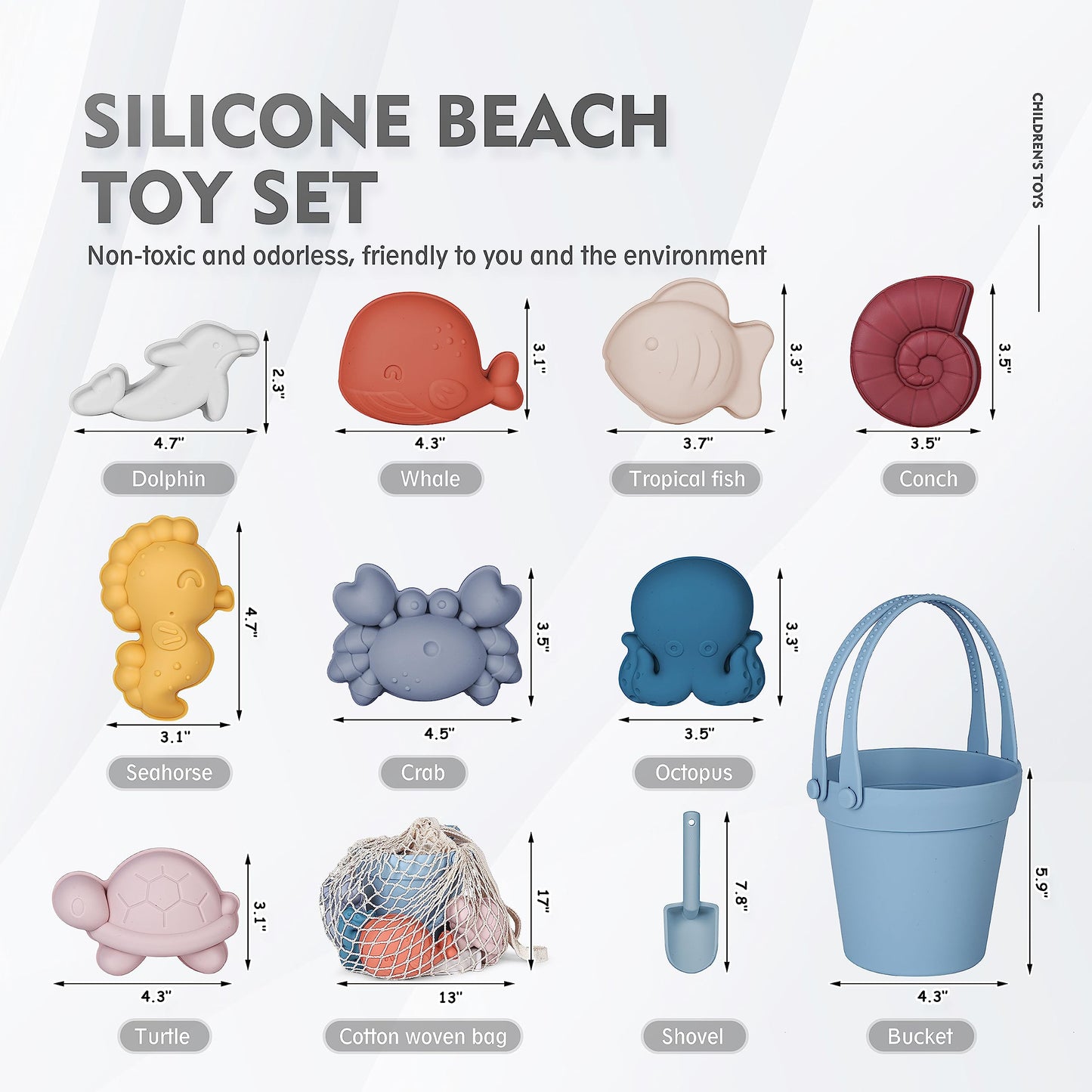 MarcZero 11Pcs Silicone Beach Toys,Modern Baby Beach Toys,Travel Friendly Beach Set,Silicone Bucket, Shovel, 8 Sand Molds, Beach Bag,Silicone Sand Toys for Toddlers, Kids (Blue)