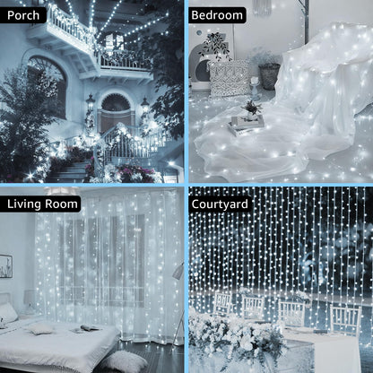 FUYO Window Curtain String Lights for Bedroom, 300 LED Fairy String Light 8 Lighting Modes Waterproof Lights for Christmas Bedroom Party Wedding Home Garden Wall Decorations (White)