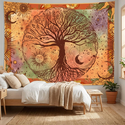 Lifeel Boho Orange Tree of Life Tapestry, Sun Moon Stars Aesthetic Nature Tapestries Home Decor for Living Room Bedroom, 36x48 inches