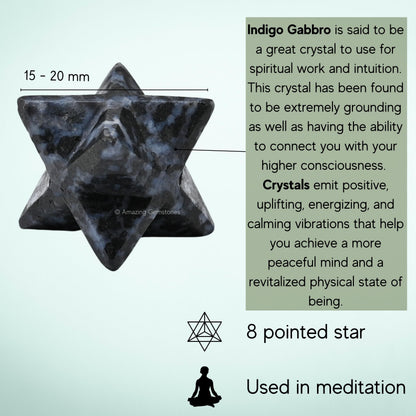 Amazing Gemstone Indigo Gabbro Merkaba Crystal - 0.75 Inches Metaphysical Merkaba Star for Meditation - Energetic Tetrahedron Crystal and Healing Stones for Spiritual Growth and Healing (15-20mm)