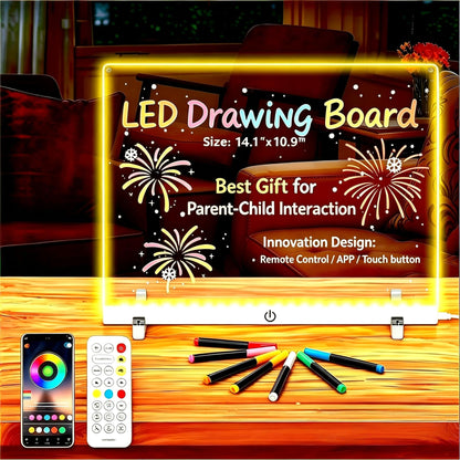 LED Drawing Board Control by APP/Remote/Music Syn/Touch Button, Doodle Glow, Acrylic Dry Erase Board with LED Light, Glowing Memo, Ideal for Office/Home/Outside/Adult/Kids