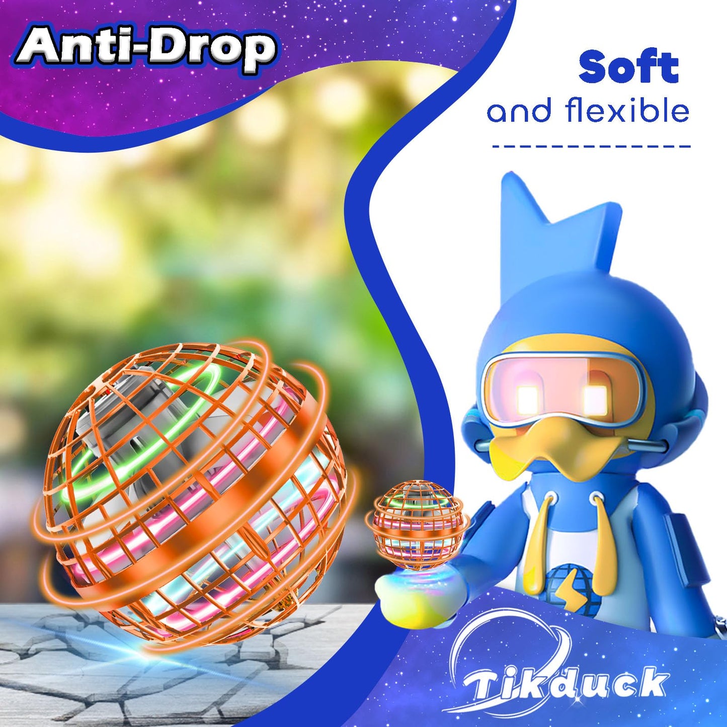 Tikduck 1 Blue and 1 Pack Orange Flying Orb Ball, 1 Pack Purple Flying Bouncing Ball Toy, 2025 Cool Stuff Christmas Birthday Toy Gift, for Kids Age 6 7 8 9 10