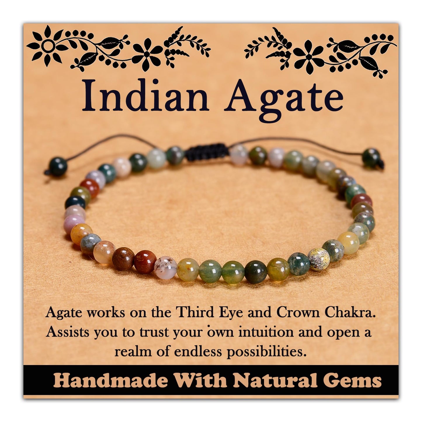 CHCCOYE 4mm Handmade Adjustable Natural Gemstone Crystal Bracelet Healing Power Energy Inspirational Gifts with Card for Unisex (Indian Agate)