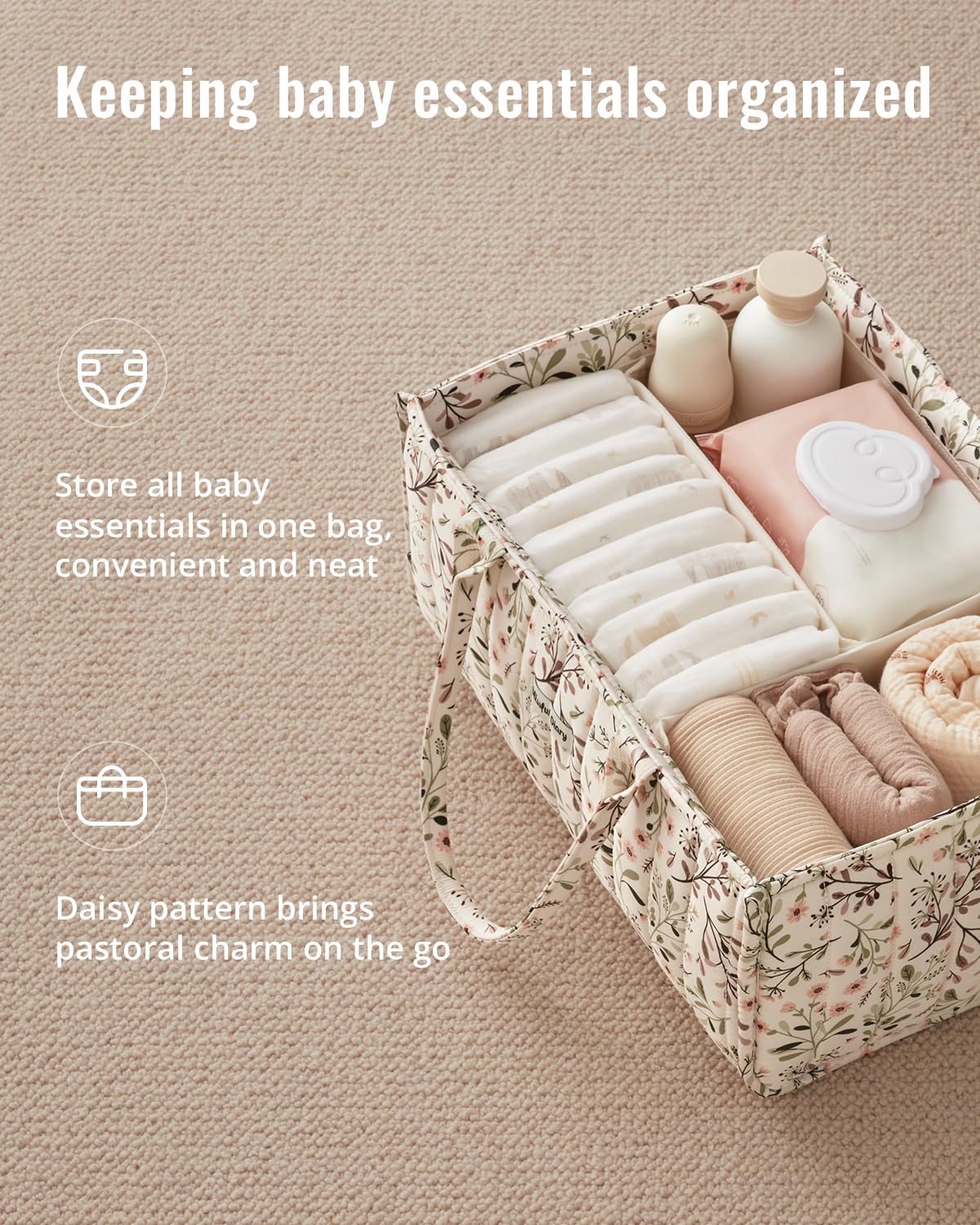 Blissful Diary Floral Diaper Caddy Organizer, Stylish Nursery Storage Basket, Diaper Bag,Gift for Baby Shower, Baby Registry Must Have, Newborn Essentials, Pastoral Daisy