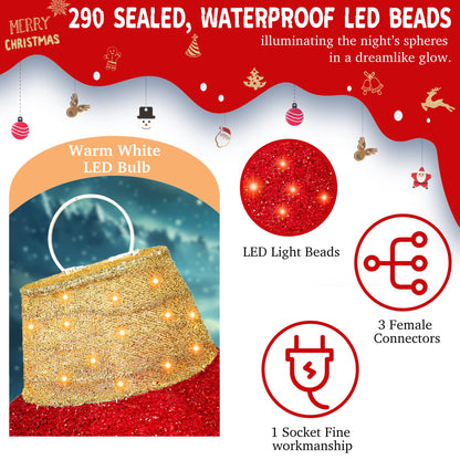 3Pcs 3FT Lighted Christmas Ornament Set Expandable Outdoor, Indoor Holiday Decor with 290 LED Lights, Easy Assembly & Weatherproof, Red & Green & Gold Light-Up Ball for Yard, Garden, Storefront.
