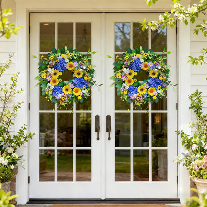 Pinkpuii Spring Wreaths for Front Door Outside- 24 Inch Spring Summer Wreath with Sunflowers,Lifelike Blue Hydrangea Flower Wreath for Indoor Outdoor Mantel,Window,Wall,Home Firplace Hanging Decor