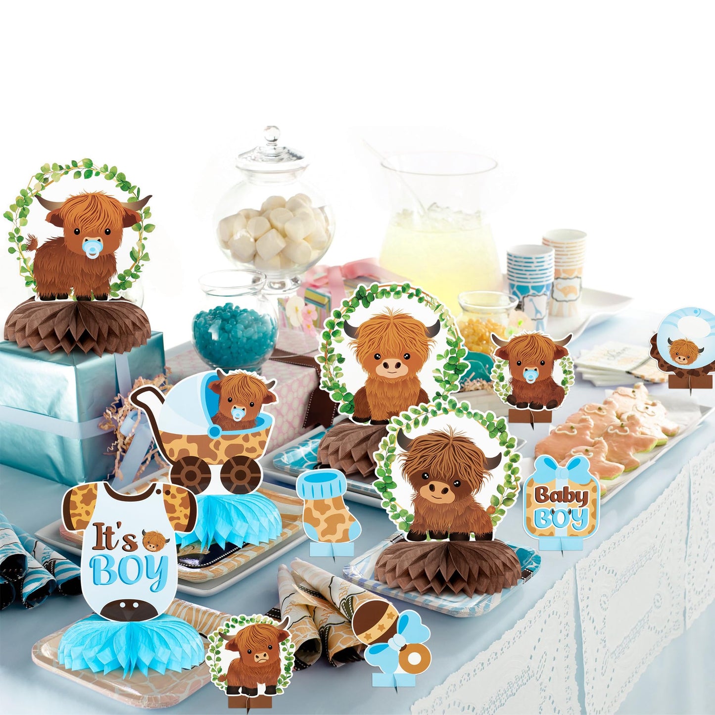 12Pcs Greenery Highland Cow Honeycomb Centerpieces Blue Highland Cattle Party Table Decoration It's a Boy Gender Reveal Cutout Welcome Baby Party Table Topper Photo Prop Decor