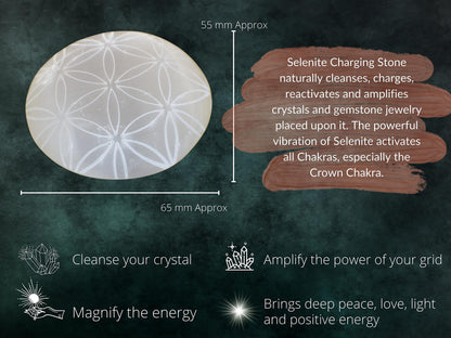 Amazing Gemstone Selenite Palm Stone - Flower of Life Engraved Hot Massage Worry Stone for Natural Body Chakra Balancing, Reiki Healing and Crystal Grid