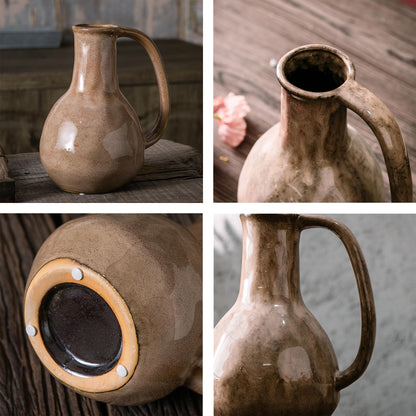 Tanvecle Brown Ceramic Vase with Big Handles, Modern Farmhouse Decor, Rustic Pottery for Flowers, Decorative Terracotta Centerpiece for Dining Table