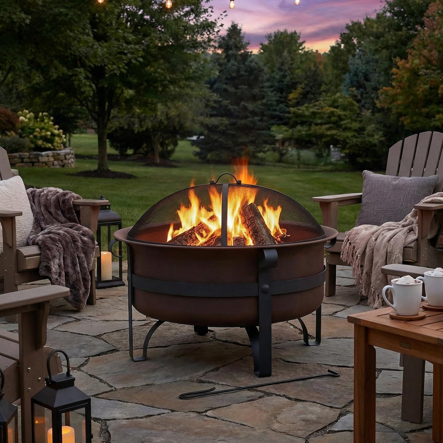 Sunnydaze 29-Inch Wood-Burning Outdoor Fire Pit - Bronze Cauldron Wood Fire Pit for Outside - Includes Poker and Spark Screen