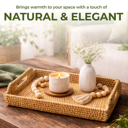 Rattan Serving Tray with Handles (11.4 x 16.9 x 2 in) – Handwoven Wicker Tray for Coffee Table, Breakfast, Ottoman & Home Decor, Natural Woven Tray
