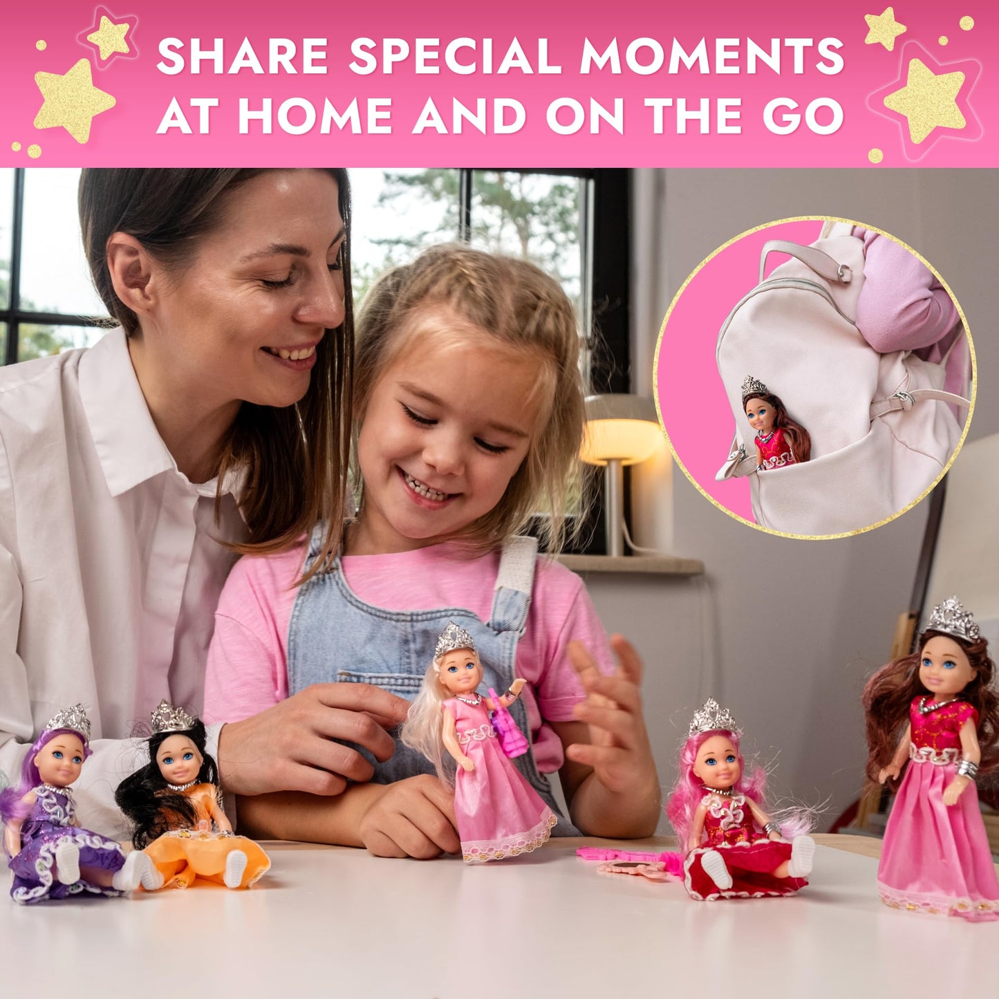 TOMLEON Princess Dolls Playset – 6 Mini Princess Dolls with Colorful Gowns, Crowns & Jewelry – Fantasy Role Play Set for Kids with Elegant Dresses, Accessories & Royal-Themed Box – Gift for Ages 3+