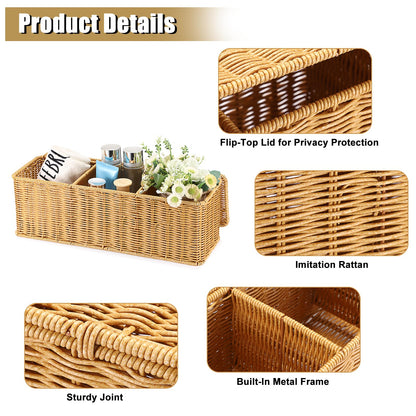 Sumnacon Wicker Storage Basket with Lid, Rectangular Narrow Baskets for Bathroom, Farmhouse Imitation Rattan Bin with Dividers, Decorative Handwoven Tray Organizer for Countertop Shelves Toilet Tank