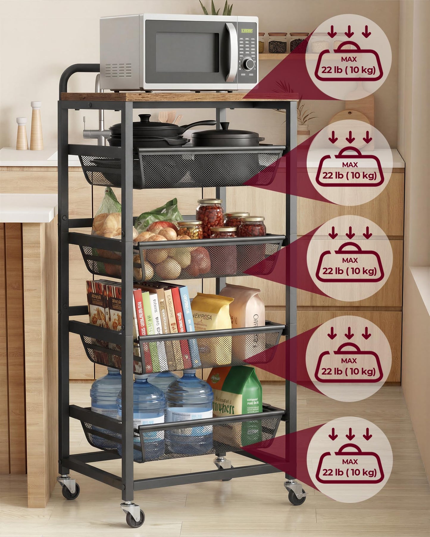 VASAGLE Storage Rolling Cart with Pull-Out Baskets, 5-Tier Utility Cart Orgnizer with Wheels for Laundry Room, Kitchen, Handle, 12.5 x 15.8 x 37.4 Inches, Rustic Brown and Ink Black ULRC041K01