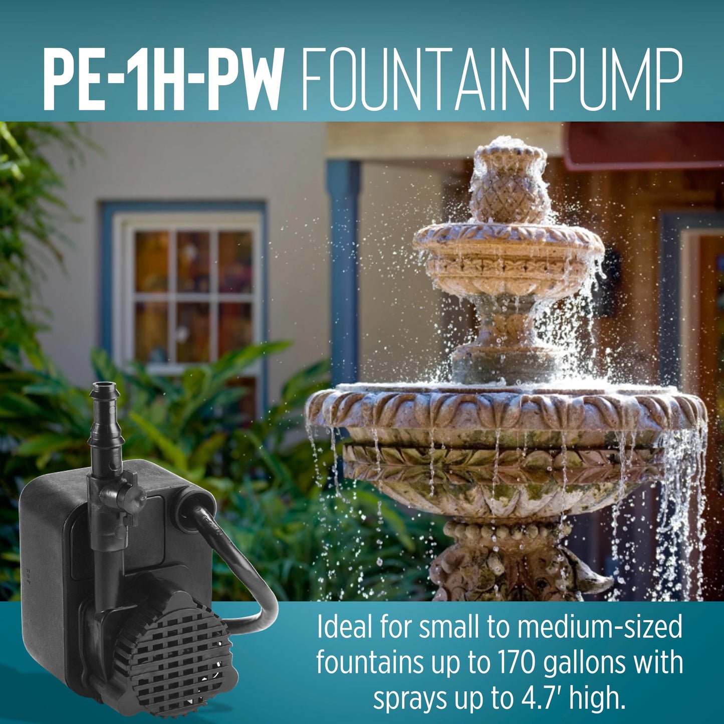 Little Giant PE-1H-PW 115 Volt, 1/125 HP, 186 GPH Epoxy Encapsulated Small Submersible Pump for Fountains and Shallow Water Applications, Hooded Volute and Flow Control Valve, 6-Ft Cord, Black, 566604