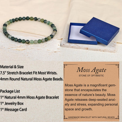 LPBeads Handmade Natural Gemstone Stretch Elastic 4mm Moss Agate Bracelet Healing Crystal Round Stone Beads Jewelry Gifts for Women Men