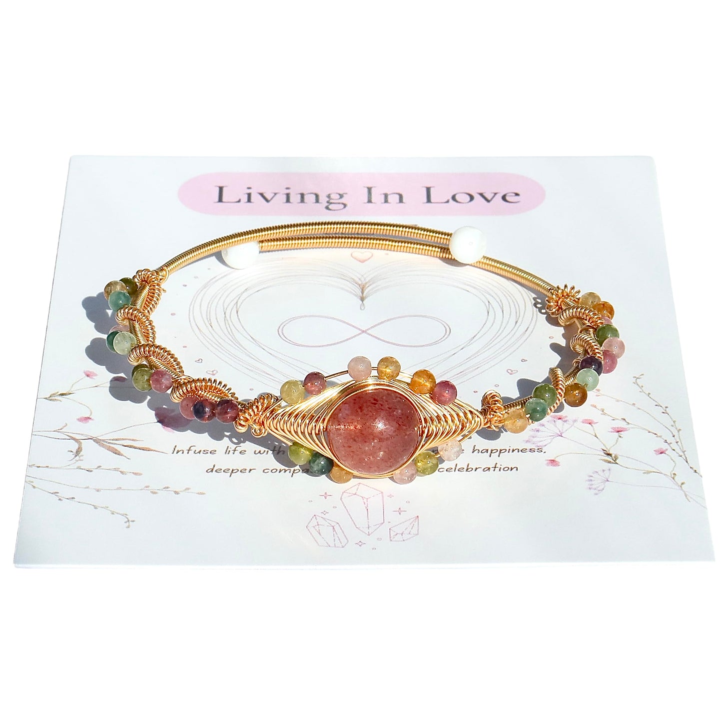Handmade Genuine Strawberry Rose Quartz& Rainbow Tourmaline Beads 14k Gold Filled Wire Wrapped Bracelet, Birthstone Chakra Healing Gemstone Crystal Adjustable Bangle Cuff Jewelry Gift for Women