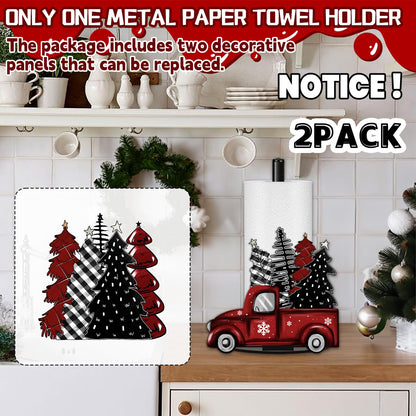 Christmas Paper Towel Holder, Red Truck Christmas Decor, Buffalo Plaid Christmas Tree Towels Paper Holder for Kitchen Countertop Bathroom Home Farmhouse, Winter Holiday Decoration Replaceable 2 Panels