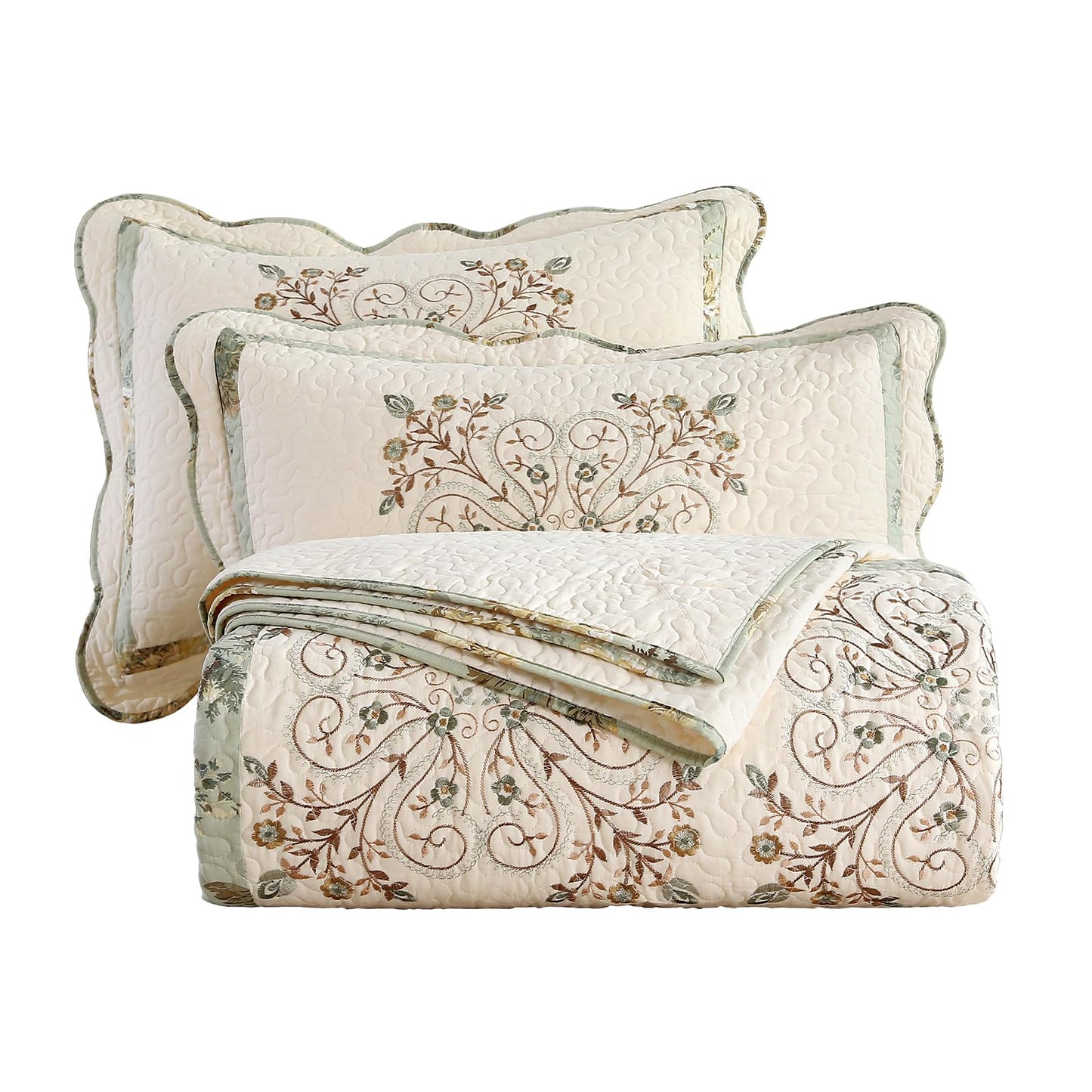 vctops 3 Piece Farmhouse Patchwork Quilt Set Oversized Queen, Elegant Floral Embroidered Cotton Quilted Bedspread Coverlet Lightweight Reversible Bedding Cover with 2 Pillow Sham (98x106 in)