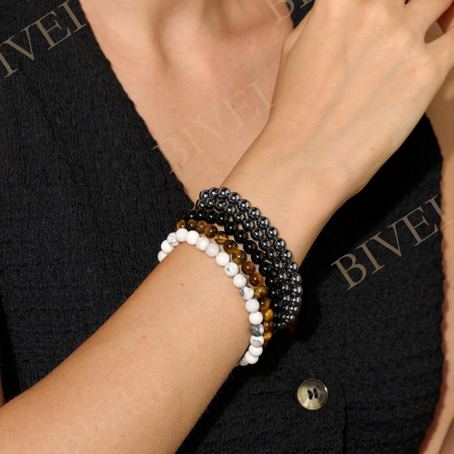 Bivei Howlite - Calm & Clarity - 6mm Beaded Bracelets for Women Handmade Semi Precious Natural Stone Stretch Elastic Jewelry for Women Yoga Protection Gifts