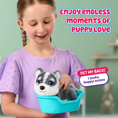 Little Live Pets My Really Real Puppy Mini Aurora The Husky, Interactive Plush Toy with Display Basket, 20+ Sounds and Reactions, Puppy Toys for Kids