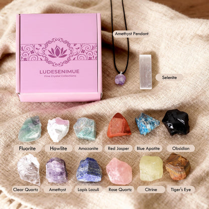 14Pcs Crystals and Healing Stones, Real Healing Crystals, Raw Crystals, Selenite Charging Plate, Amethyst Necklace, Rose Quartz