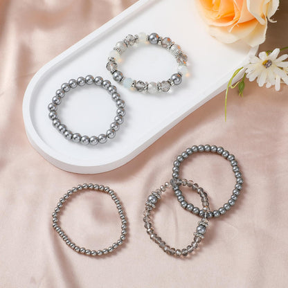 DIVINA VITAE 5 Pcs Beaded Stretch Bracelets Grey Stackable Bracelets Crystal Bead Bracelet Boho Beaded Bracelets Stretch Layering Crystal Stone Beaded Bracelets Trendy Costume Jewelry Gifts for Women