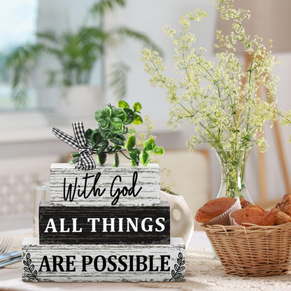 Geelin 4 Pcs Christian Wooden Sign Farmhouse Rustic Eucalyptus Leaves Wood Block Sign Table Centerpiece Religious Tiered Tray Decor Centerpiece Decor for Home Summer